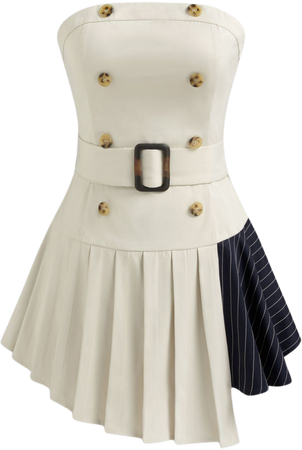 Woven Strapless Striped Two Tone Pleated Mini Dress With Belt - Cider