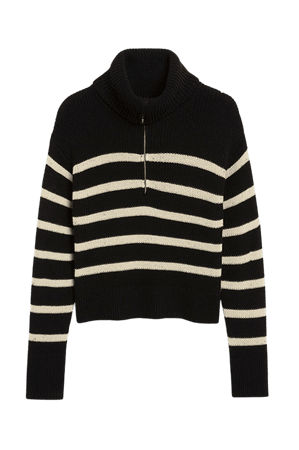 Black striped cropped half zip sweater - Black and off-white stripes - Monki WW