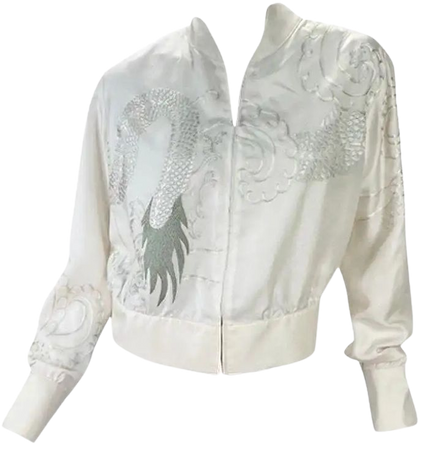 2001 Vintage Tom Ford for Gucci White Silk Bomber Jacket with Dragon Embroidery