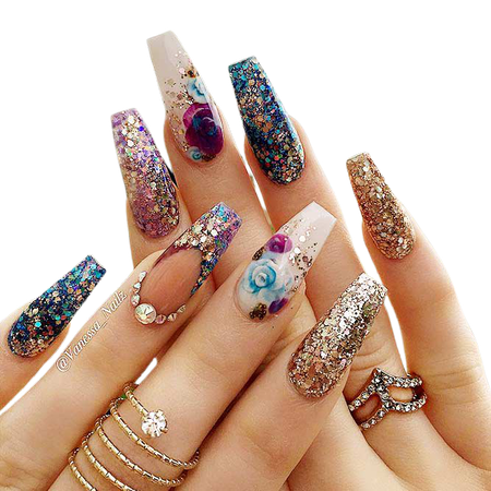 ballerina nails long blue purple white gold glitter rhinestones french rose manicure design