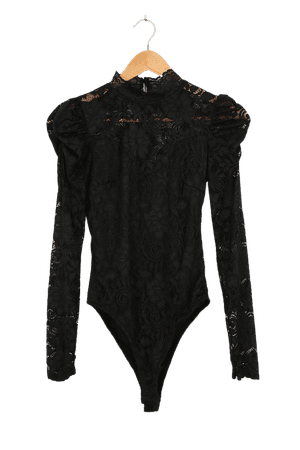 Black Lace Bodysuit - Puff Shoulder Bodysuit - Mock Neck Top - Lulus