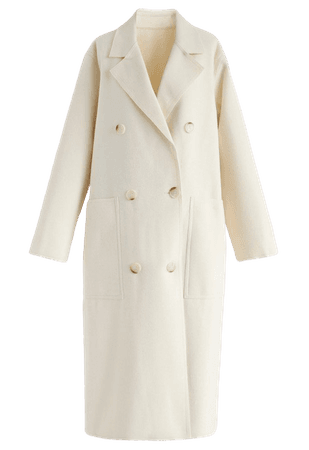 Double-Breasted Wool-Blend Coat in Cream - TOPS - Retro, Indie and Unique Fashion
