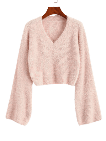 [32% OFF] 2020 ZAFUL V Neck Cropped Fuzzy Sweater In LIGHT PINK | ZAFUL