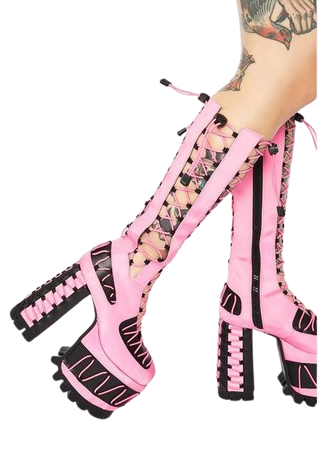 Club Exx Elastic Lace Up Knee High Platform Boots - Neon Pink | Dolls Kill