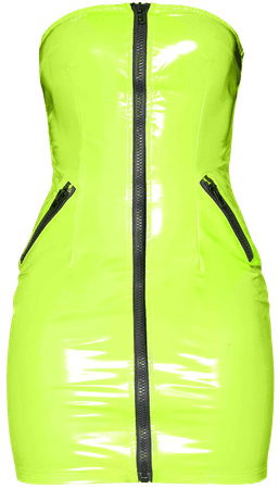 *clipped by @luci-her* Neon Lime Vinyl Bandeau Buckle Bodycon Dress | PrettyLittleThing USA