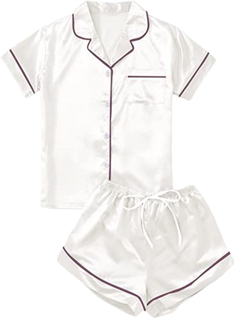 Verdusa Women's 2pc Satin Nightwear Button Front Sleepwear Short Sleeve Pajamas Set White at Amazon Women’s Clothing store