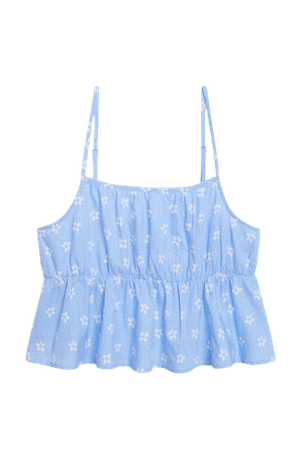 Blue singlet with flounce hem - Blue with white flowers - Cropped tops - Monki WW