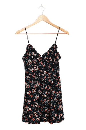 Black Floral Print Dress - Ruffled Mini Dress - Button-Up Dress
