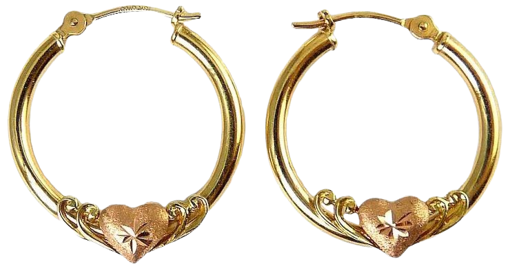 10K Yellow Gold Hoop Earrings with Puffy Rose Gold Hearts, Pierced : Venus Vintage Jewelry | Ruby Lane