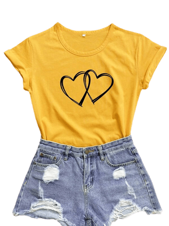 Double Heart Print Short Sleeve Tee | SHEIN USA yellow