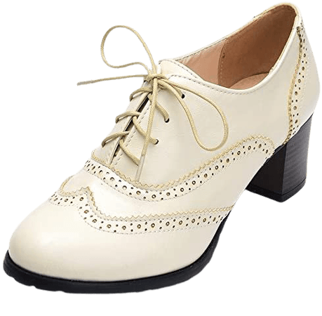 Amazon.com | Odema Womens PU Leather Oxfords Wingtip Lace up Mid Heel Pumps Shoes … Beige | Oxfords
