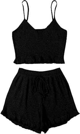 Black Avanova Women's Pajama Set Ruffle Trim Cami Top and Shorts 2 Piece Sleepwear Set at Amazon Women’s Clothing store