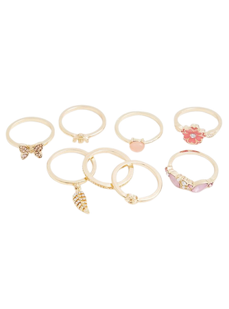 GOLD TONE PINK FLORAL & BUTTERFLY RING SET - SET OF 8