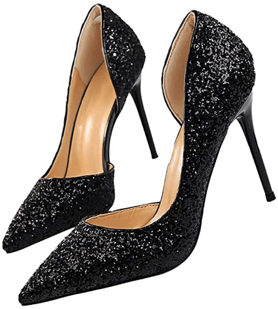 Pointed High Heel Shoes Fashion Dress Pumps Bridal Wedding Party Glitter Pump 3.5“ Black | Pumps
