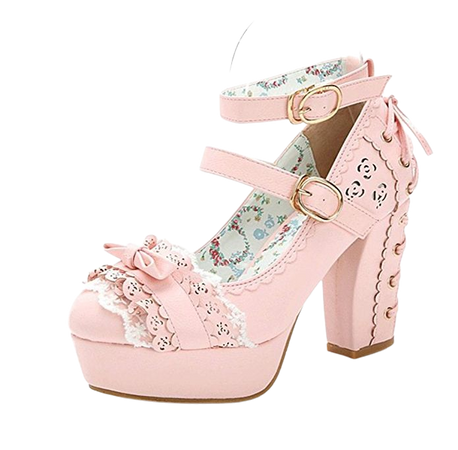 Lorie & Knight Japanese Style Sweet Bow Lace Princess Lolita Shoes Lace-up High Heel Buckle Strap Thick Platform Pumps