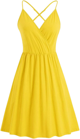 LAISHEN Women's Sundress V Neck Floral Spaghetti Strap Summer Casual Backless Swing Wrap Dress with Pocket (Yellow,M) at Amazon Women’s Clothing store