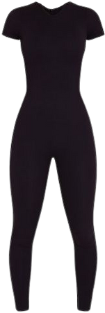 Black Structured Contour Rib Short Sleeve Jumpsuit | PrettyLittleThing USA