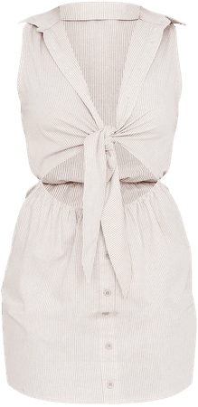 Beige Stripe Knot Front Button Down Bodycon Dress | PrettyLittleThing USA