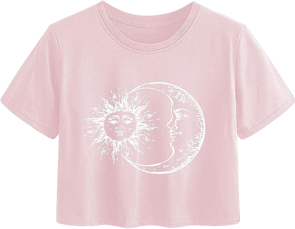Avanova Women's Sun and Moon Graphic Tee Summer Casual Short Sleeve Distressed Crop Tops T Shirt Pink D Small at Amazon Women’s Clothing store