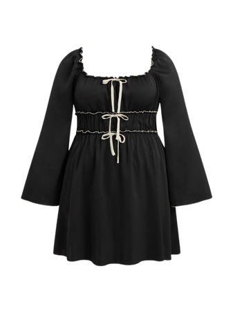Square Neck Bowknot Shirred Mini Dress Curve & Plus - Cider