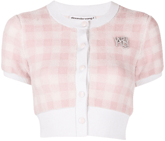 Shop pink & white alexanderwang.t cropped gingham-check cardigan with Express Delivery - Farfetch