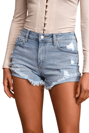 Cute Light Wash Denim Shorts - Mid-Rise Jean Shorts - Distressed - Lulus
