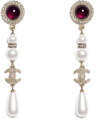 Earrings, metal, glass pearls & diamantés, gold, pearly white, red & crystal - CHANEL