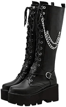 Amazon.com | Parisuit Women's Knee High Goth Platform Buckle Boots Chunky High Heel Lace Up Punk Combat Boots with Chain-Black Size 4 | Knee-High