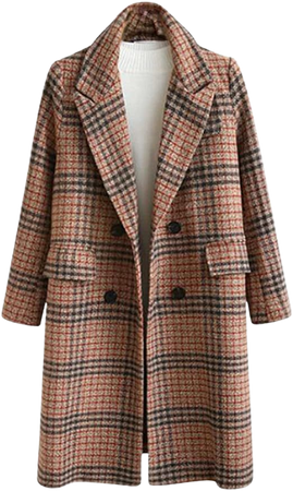 Amazon.com: Talakeno Women's Notched Collar Woolen Plaid Overcoat Winter Warm Double Breasted Long Pea Coat : Clothing, Shoes & Jewelry