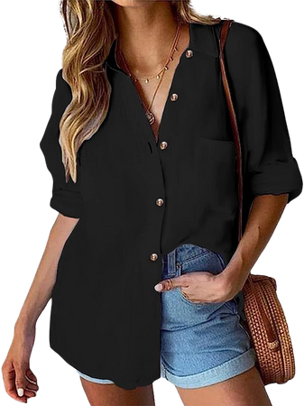 HOTOUCH Black Button Up Shirt Women Blouses Fashion Casual Long Sleeve All Cotton Button Down Shirts Tops Black M at Amazon Women’s Clothing store