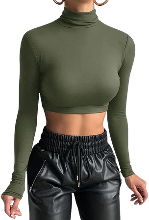 GEMBERA Women's Long Sleeve Turtleneck Crop Tops Fitted Basic Cropped Tee Shirts Olive Green S at Amazon Women’s Clothing store