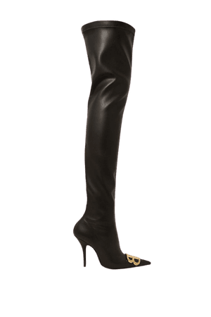 Botas de muslo de piel sintética adornadas con logo negro | Balenciaga NET-A-PORTER