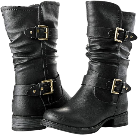 Amazon.com | GLOBALWIN Women's Fall Fashion Biker Boots Mid Calf Boots For Women Black 7.5M | Knee-High
