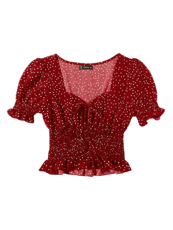 Tie Front Frill Trim Shirred Polka Dot Top | SHEIN USA red