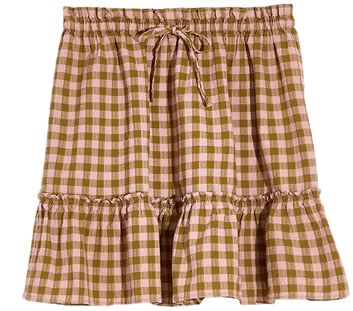 Pull-On Ruffle Tiered Mini Skirt in Gingham Seersucker