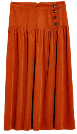 Corduroy Button-Yoke Midi Skirt