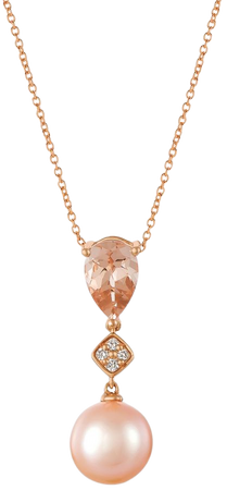 Le Vian 14k Rose Gold Peach Morganite, Pink Cultured Freshwater Pearl, and Diamond Accent Pendant Necklace