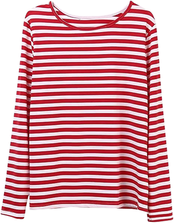 Women Red White Striped Casual Tops Long Sleeve Round Neck Loose Shirt Daily T-Shirt