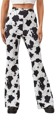 SHEIN Black and White Elastic Waist Cow Print Flare Leg Pants Women Autumn Elegant Long Trousers High Waist Skinny Pants