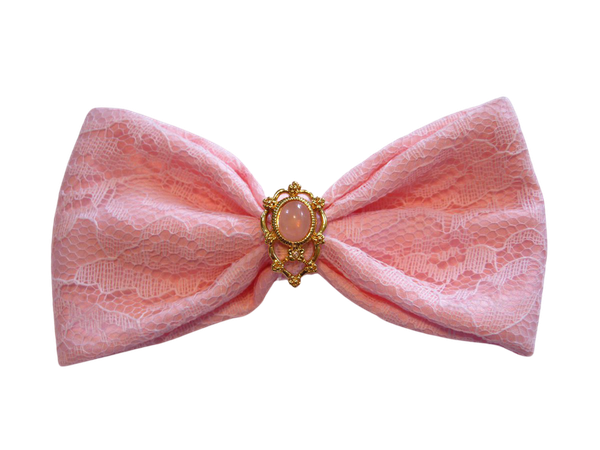 Pink Lolita Hair Bow W/ Gold & Gem Accents