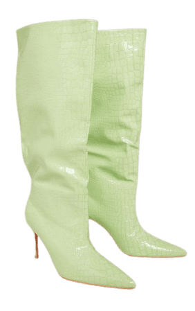 Green PU Croc Detail Point Toe Stiletto Heeled Knee High Boots | PrettyLittleThing USA