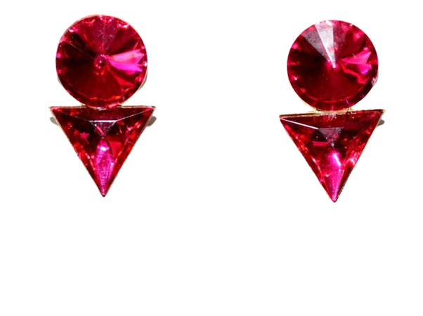 Vintage Art Deco Syle Mid Century Modern Geometric Triangle & Circle Fuchsia Hot Pink Gold Tone Metal Post Earrings, circa 1950s - 1980s