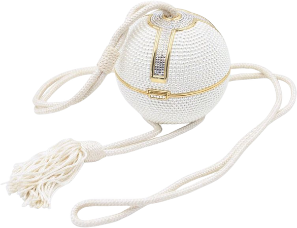 Judith Leiber White Crystal Gold Disco Ball Minaudières Evening Bag with Tassel For Sale at 1stdibs