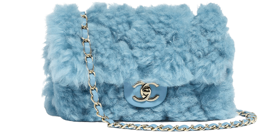Flap Bag, shearling lambskin, lambskin &gold-tone metal, blue - CHANEL