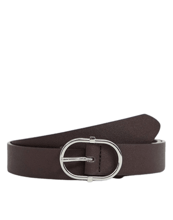 ASOS DESIGN faux leather slim belt in brown with silver oval buckle | ASOS