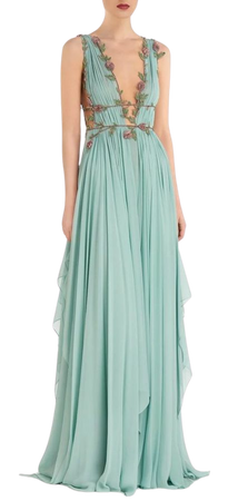 deep v neck flowy gown grecian style greek chiton straps ruched blue green roses embroidery goddess