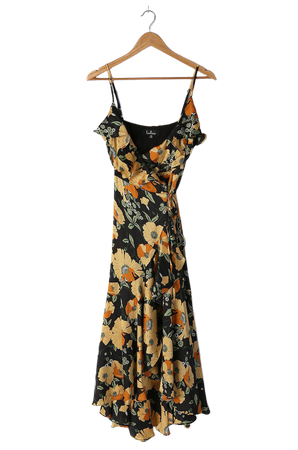 Black Floral Print Wrap Dress - Wrap Maxi - High-Low Maxi Dress - Lulus