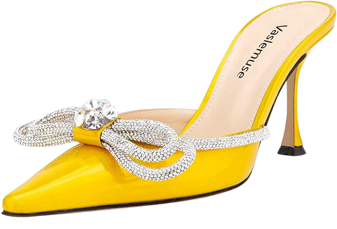 Amazon.com | Vaslemuse Women Heeled Mules Rhinestone Bow Pointed Toe Mules Patent Leather Stiletto High Heels Slip On Bridal Sandals for Women Yellow Size 10 | Shoes