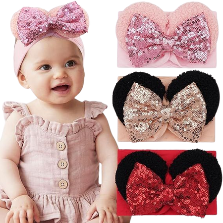 Amazon.com: 3PCS Baby Girl Mouse Ears Headbands with Sequin Bow, Wide Nylon Turban Hairband, Theme Park Headwear, Hair Bow Headband for Toddler, Kids, Party Supplies : Baby