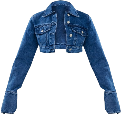 Mid Blue Wash Denim Cuff Detail Cropped Jacket | PrettyLittleThing USA